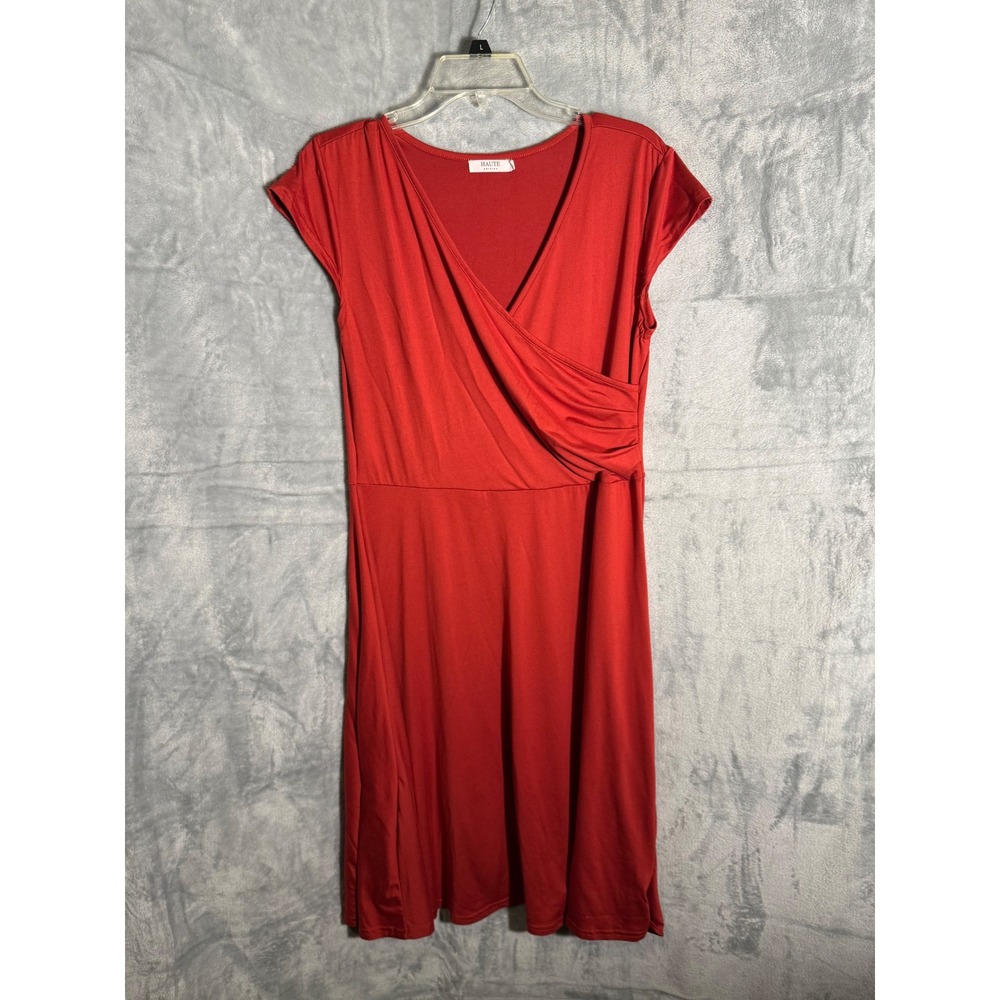 Haute Edition Womens Red Faux Wrap Surplice V-Neck Ruched A-Line Dress Large